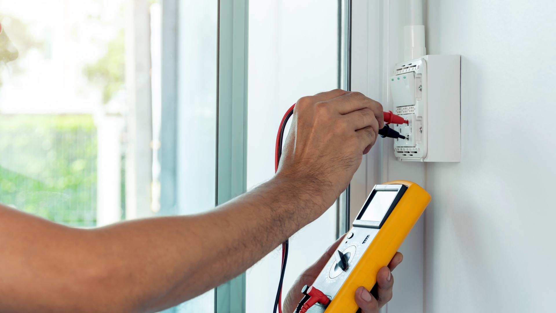 A certified home inspector tests the electricity in a home for a first time homebuyer.